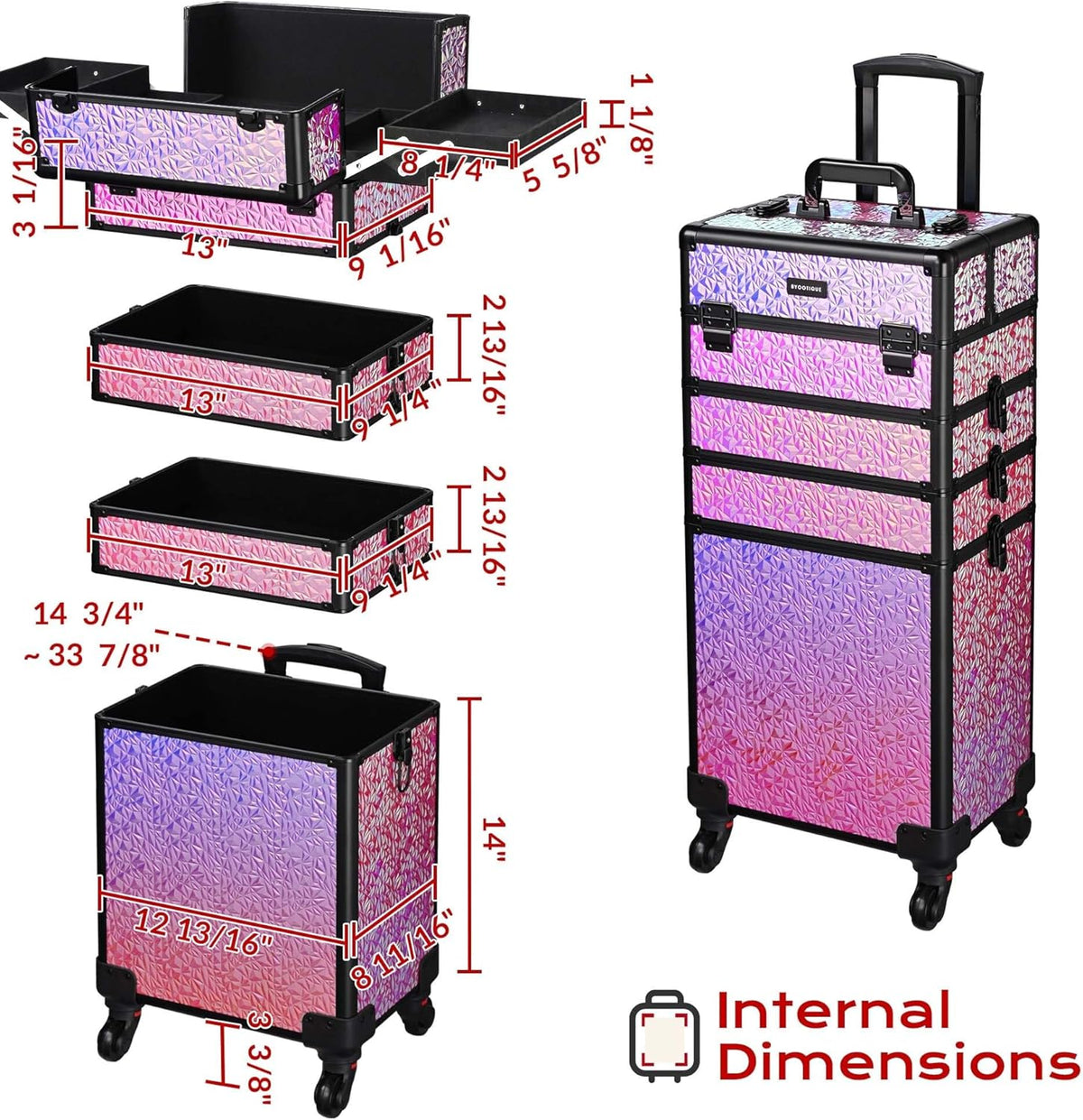 4in1 Cosmetology Case on Wheels w/Cosmetic Storage Makeup Artist | Aluminum Rolling Makeup Suitcase 360° Detachable Wheel Lockable Makeup Case Organizer w/ Mirror Nail Tech AD Graphite