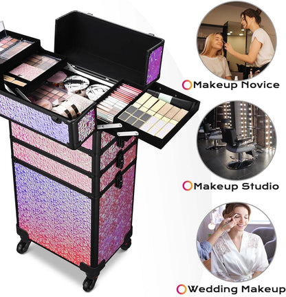 4in1 Cosmetology Case on Wheels w/Cosmetic Storage Makeup Artist | Aluminum Rolling Makeup Suitcase 360° Detachable Wheel Lockable Makeup Case Organizer w/ Mirror Nail Tech AD Graphite