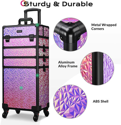 4in1 Cosmetology Case on Wheels w/Cosmetic Storage Makeup Artist | Aluminum Rolling Makeup Suitcase 360° Detachable Wheel Lockable Makeup Case Organizer w/ Mirror Nail Tech AD Graphite