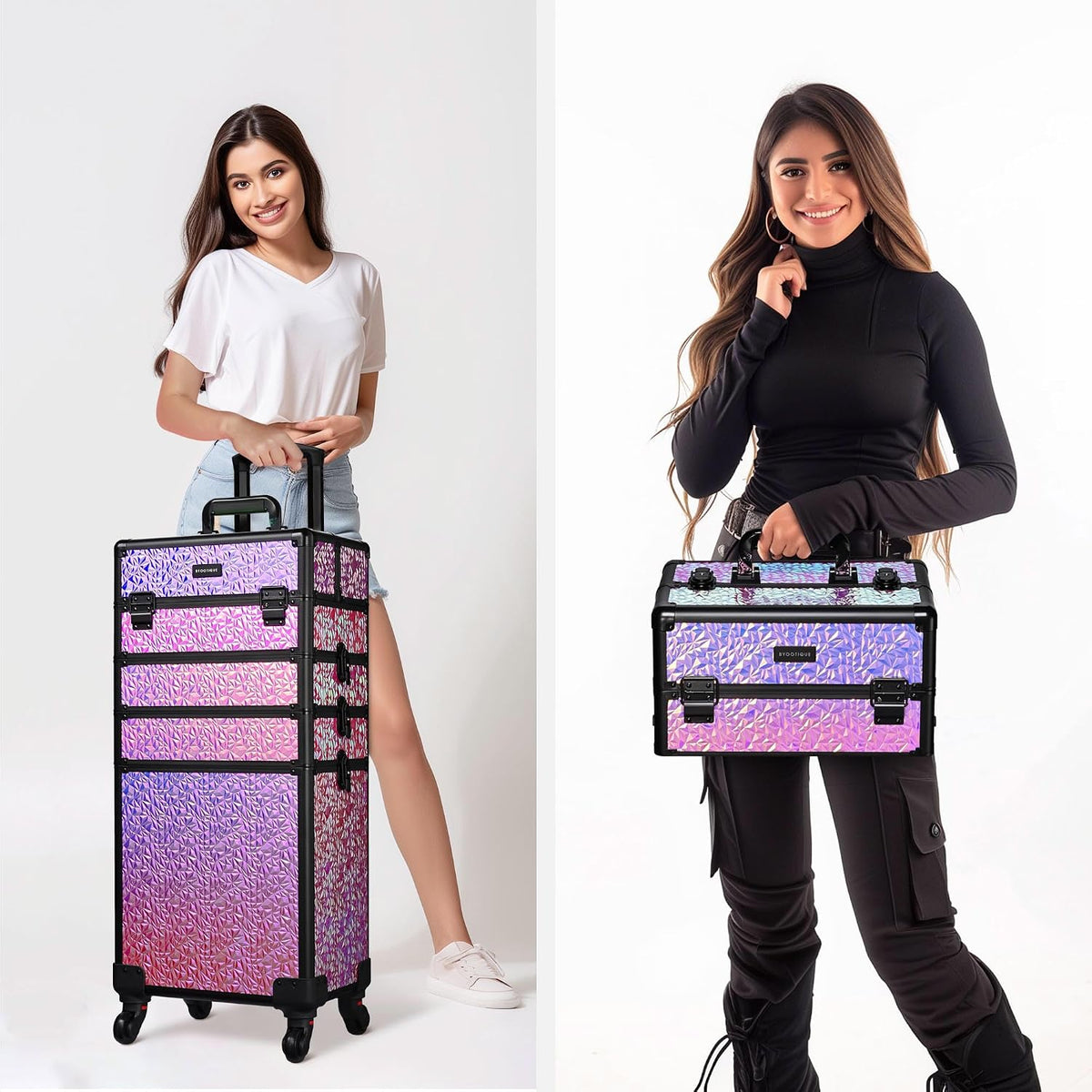 4in1 Cosmetology Case on Wheels w/Cosmetic Storage Makeup Artist | Aluminum Rolling Makeup Suitcase 360° Detachable Wheel Lockable Makeup Case Organizer w/ Mirror Nail Tech AD Graphite