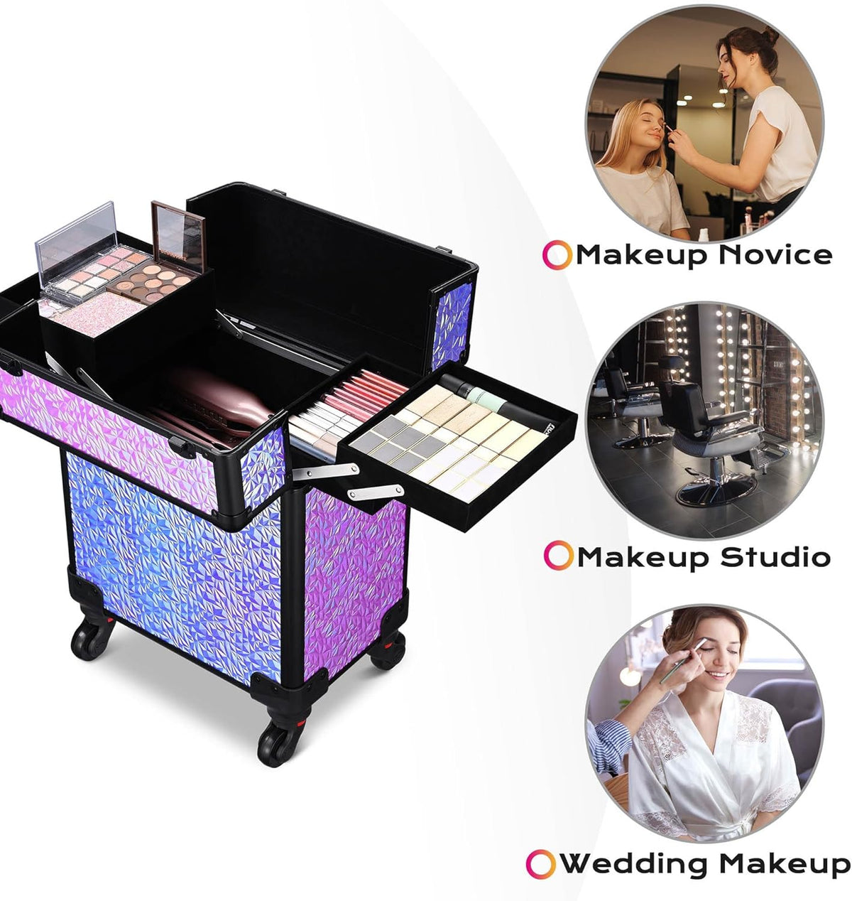 4in1 Cosmetology Case on Wheels w/Cosmetic Storage Makeup Artist | Aluminum Rolling Makeup Suitcase 360° Detachable Wheel Lockable Makeup Case Organizer w/ Mirror Nail Tech AD Graphite
