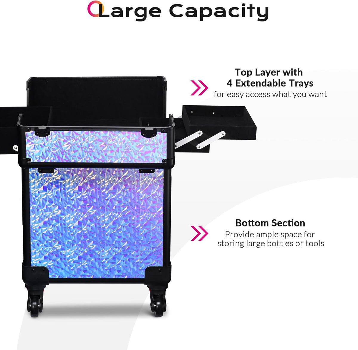 4in1 Cosmetology Case on Wheels w/Cosmetic Storage Makeup Artist | Aluminum Rolling Makeup Suitcase 360° Detachable Wheel Lockable Makeup Case Organizer w/ Mirror Nail Tech AD Graphite
