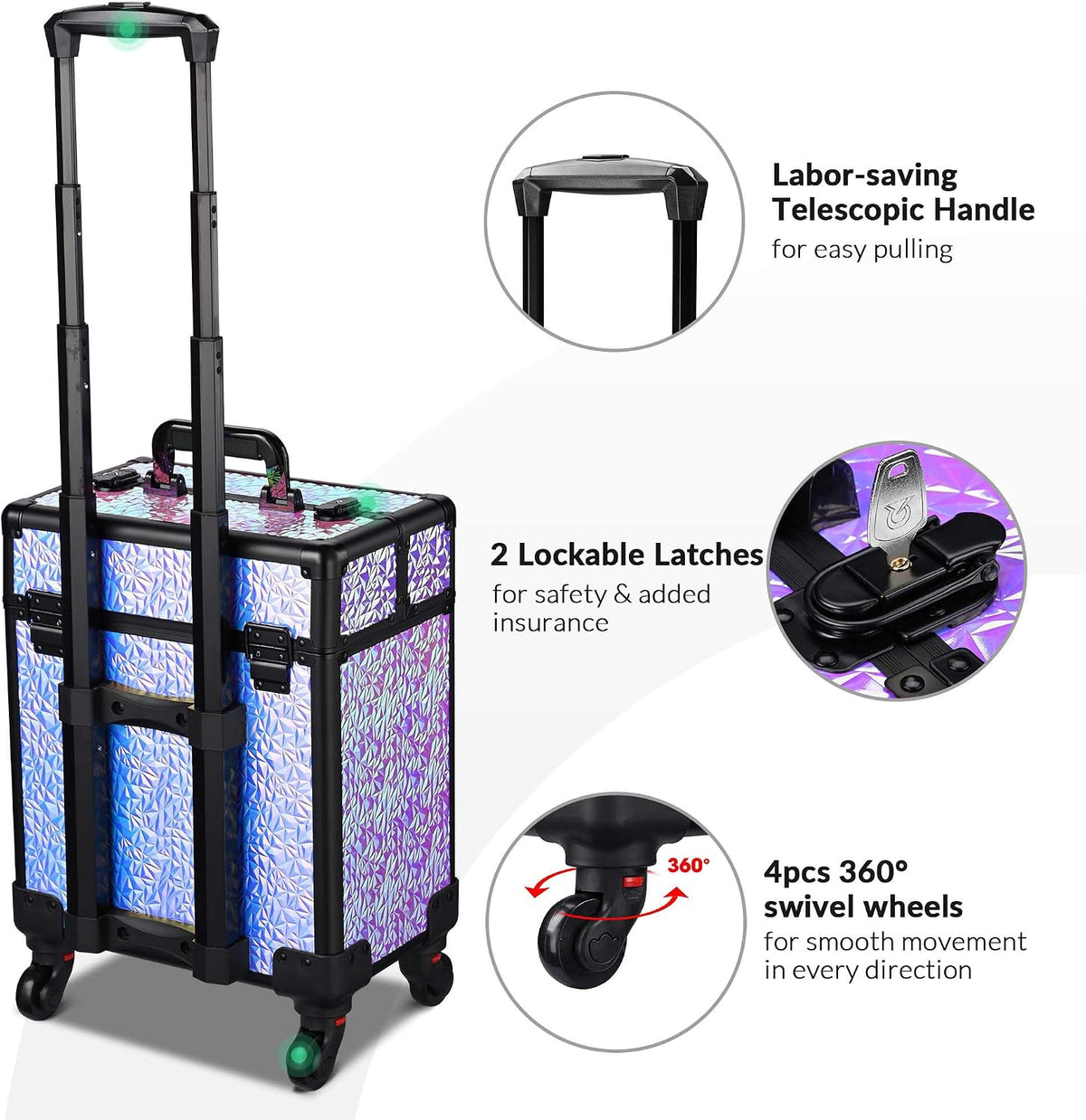 4in1 Cosmetology Case on Wheels w/Cosmetic Storage Makeup Artist | Aluminum Rolling Makeup Suitcase 360° Detachable Wheel Lockable Makeup Case Organizer w/ Mirror Nail Tech AD Graphite