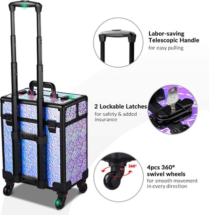 4in1 Cosmetology Case on Wheels w/Cosmetic Storage Makeup Artist | Aluminum Rolling Makeup Suitcase 360° Detachable Wheel Lockable Makeup Case Organizer w/ Mirror Nail Tech AD Graphite