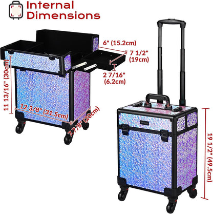 4in1 Cosmetology Case on Wheels w/Cosmetic Storage Makeup Artist | Aluminum Rolling Makeup Suitcase 360° Detachable Wheel Lockable Makeup Case Organizer w/ Mirror Nail Tech AD Graphite