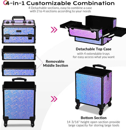 4in1 Cosmetology Case on Wheels w/Cosmetic Storage Makeup Artist | Aluminum Rolling Makeup Suitcase 360° Detachable Wheel Lockable Makeup Case Organizer w/ Mirror Nail Tech AD Graphite