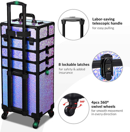 4in1 Cosmetology Case on Wheels w/Cosmetic Storage Makeup Artist | Aluminum Rolling Makeup Suitcase 360° Detachable Wheel Lockable Makeup Case Organizer w/ Mirror Nail Tech AD Graphite