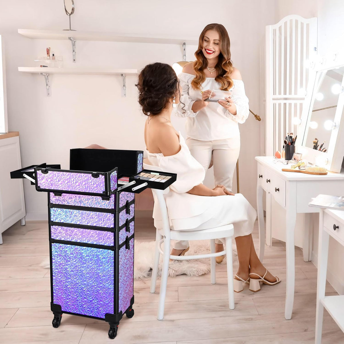 4in1 Cosmetology Case on Wheels w/Cosmetic Storage Makeup Artist | Aluminum Rolling Makeup Suitcase 360° Detachable Wheel Lockable Makeup Case Organizer w/ Mirror Nail Tech AD Graphite