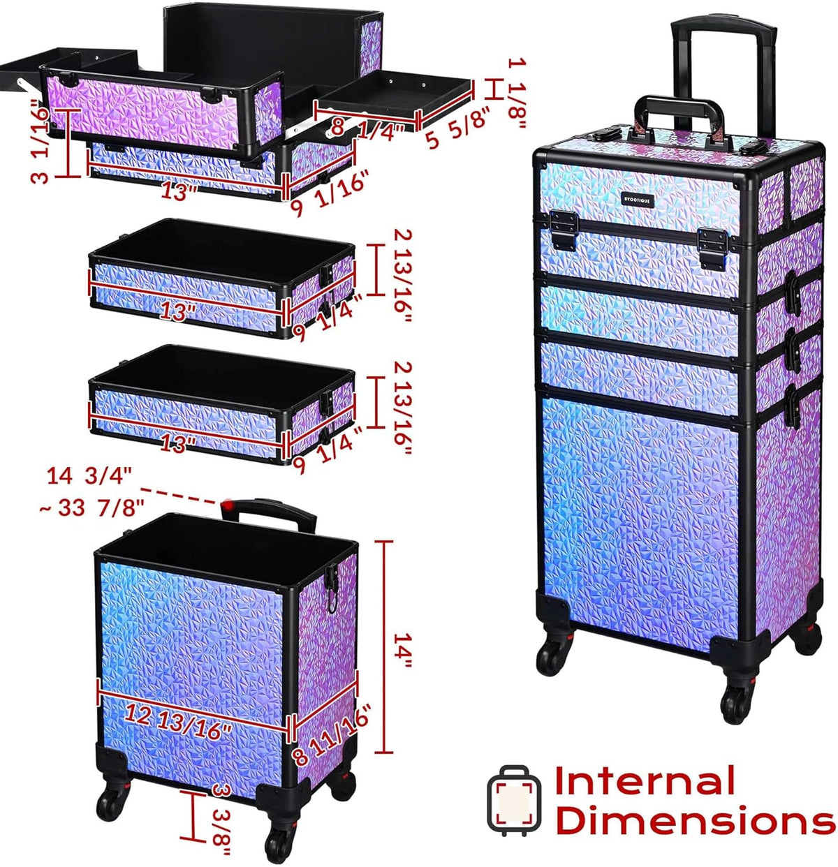 4in1 Cosmetology Case on Wheels w/Cosmetic Storage Makeup Artist | Aluminum Rolling Makeup Suitcase 360° Detachable Wheel Lockable Makeup Case Organizer w/ Mirror Nail Tech AD Graphite