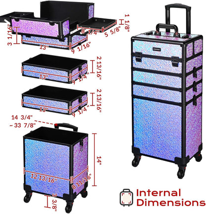 4in1 Cosmetology Case on Wheels w/Cosmetic Storage Makeup Artist | Aluminum Rolling Makeup Suitcase 360° Detachable Wheel Lockable Makeup Case Organizer w/ Mirror Nail Tech AD Graphite