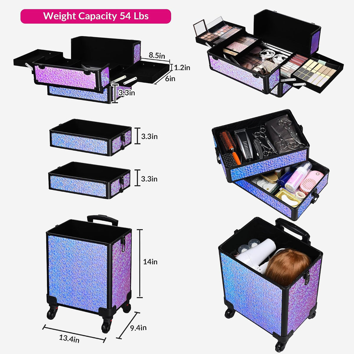 4in1 Cosmetology Case on Wheels w/Cosmetic Storage Makeup Artist | Aluminum Rolling Makeup Suitcase 360° Detachable Wheel Lockable Makeup Case Organizer w/ Mirror Nail Tech AD Graphite