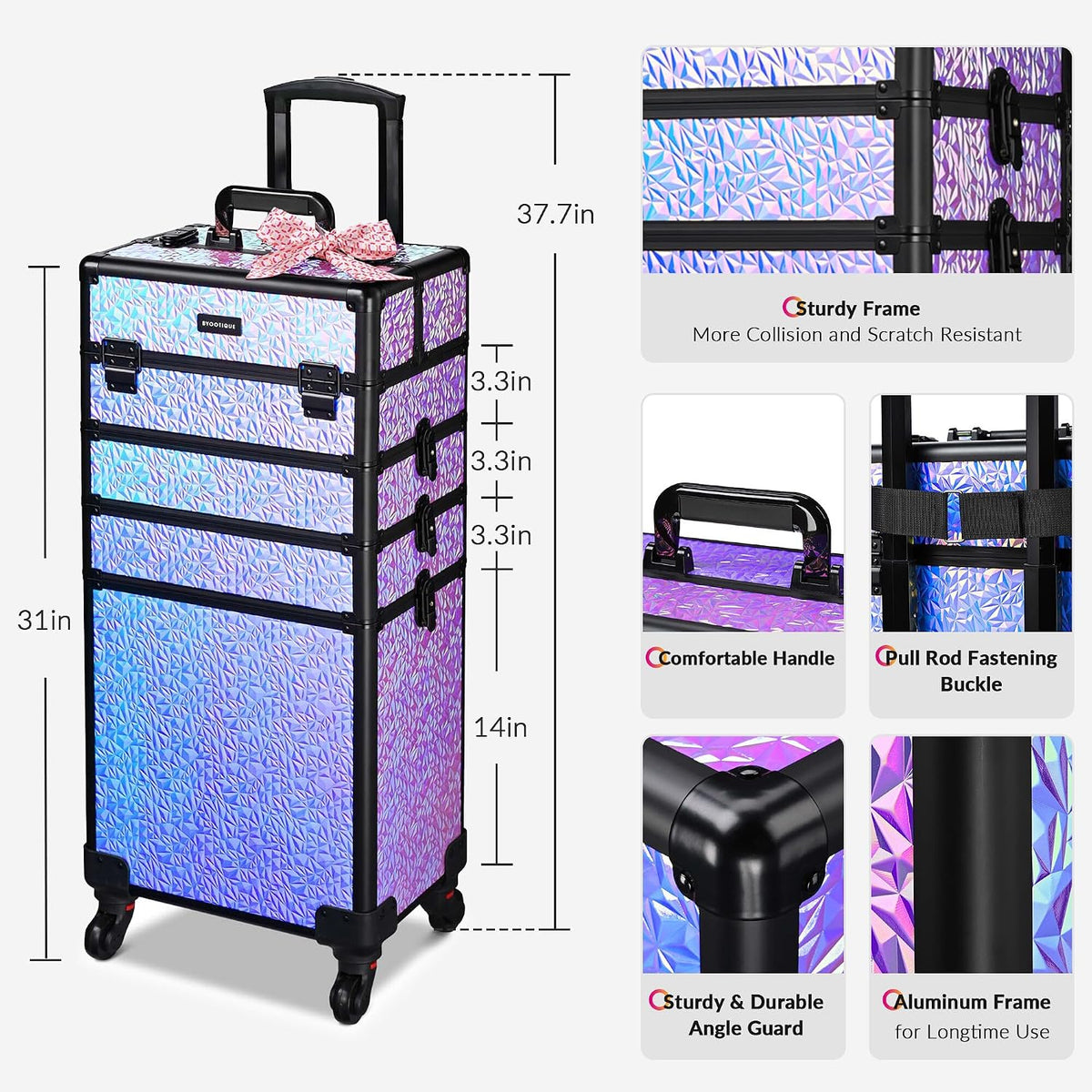 4in1 Cosmetology Case on Wheels w/Cosmetic Storage Makeup Artist | Aluminum Rolling Makeup Suitcase 360° Detachable Wheel Lockable Makeup Case Organizer w/ Mirror Nail Tech AD Graphite