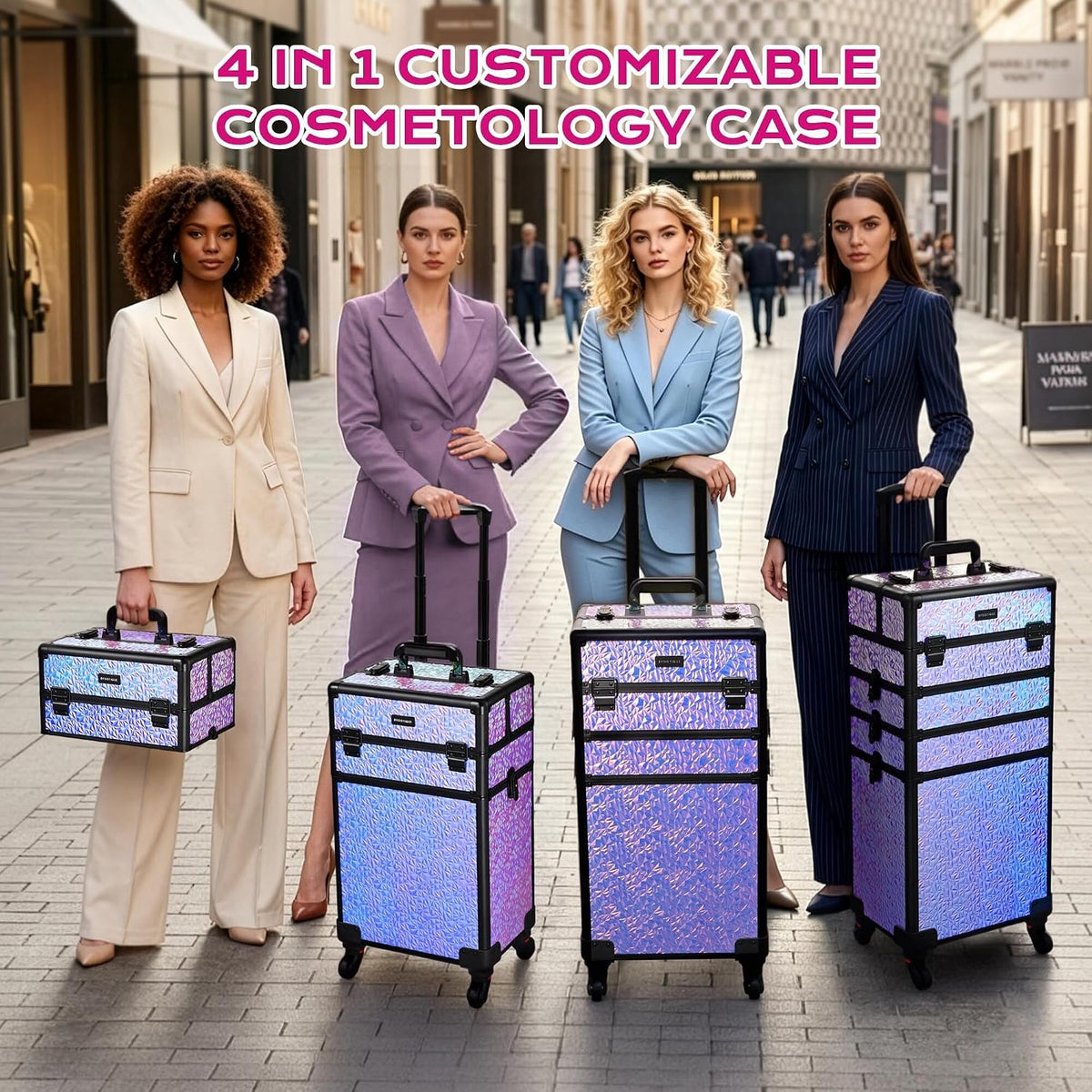 4in1 Cosmetology Case on Wheels w/Cosmetic Storage Makeup Artist | Aluminum Rolling Makeup Suitcase 360° Detachable Wheel Lockable Makeup Case Organizer w/ Mirror Nail Tech AD Graphite