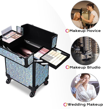 4in1 Cosmetology Case on Wheels w/Cosmetic Storage Makeup Artist | Aluminum Rolling Makeup Suitcase 360° Detachable Wheel Lockable Makeup Case Organizer w/ Mirror Nail Tech AD Graphite