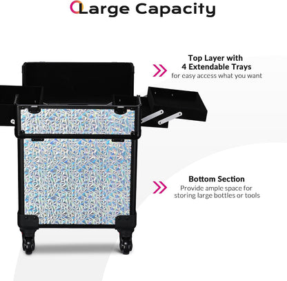 4in1 Cosmetology Case on Wheels w/Cosmetic Storage Makeup Artist | Aluminum Rolling Makeup Suitcase 360° Detachable Wheel Lockable Makeup Case Organizer w/ Mirror Nail Tech AD Graphite