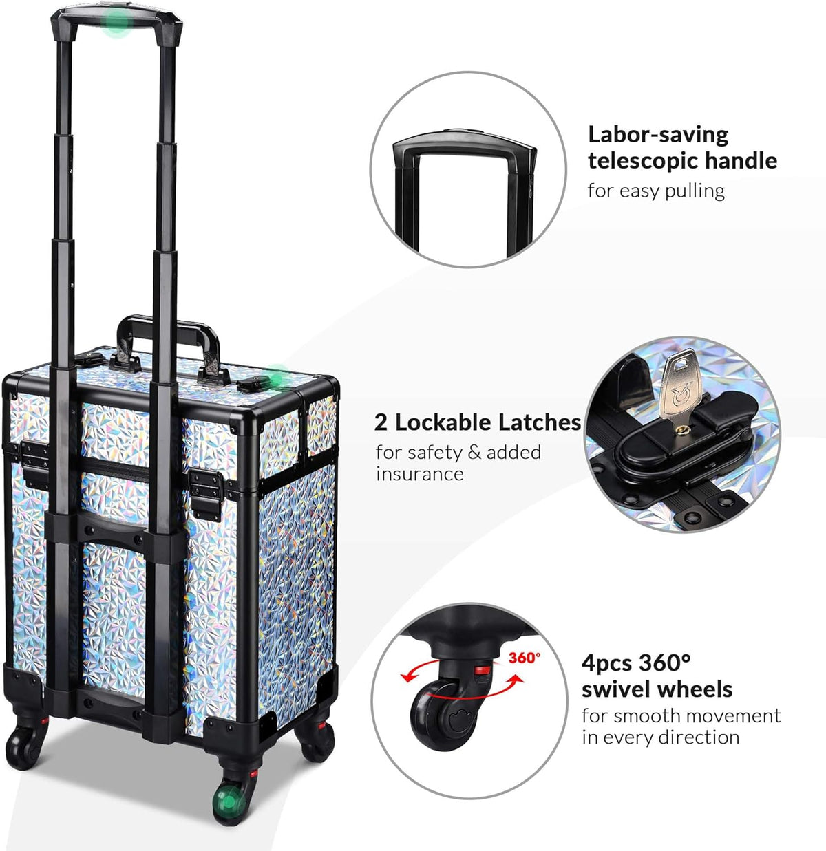 4in1 Cosmetology Case on Wheels w/Cosmetic Storage Makeup Artist | Aluminum Rolling Makeup Suitcase 360° Detachable Wheel Lockable Makeup Case Organizer w/ Mirror Nail Tech AD Graphite