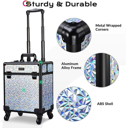 4in1 Cosmetology Case on Wheels w/Cosmetic Storage Makeup Artist | Aluminum Rolling Makeup Suitcase 360° Detachable Wheel Lockable Makeup Case Organizer w/ Mirror Nail Tech AD Graphite