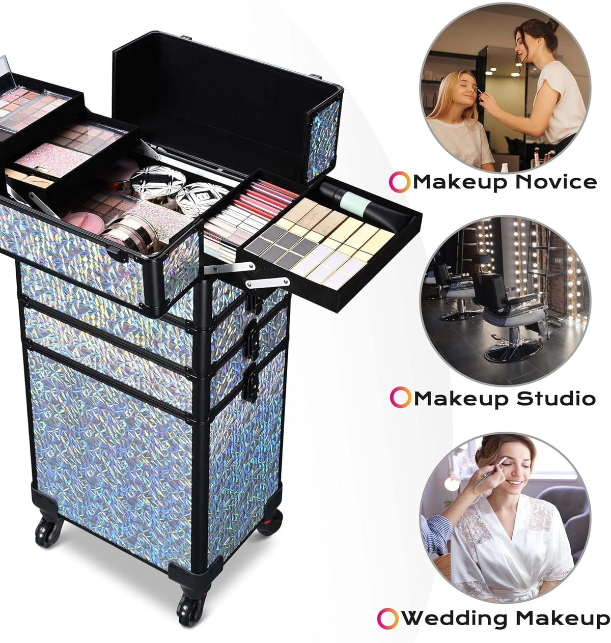 4in1 Cosmetology Case on Wheels w/Cosmetic Storage Makeup Artist | Aluminum Rolling Makeup Suitcase 360° Detachable Wheel Lockable Makeup Case Organizer w/ Mirror Nail Tech AD Graphite