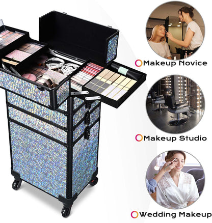 4in1 Cosmetology Case on Wheels w/Cosmetic Storage Makeup Artist | Aluminum Rolling Makeup Suitcase 360° Detachable Wheel Lockable Makeup Case Organizer w/ Mirror Nail Tech AD Graphite