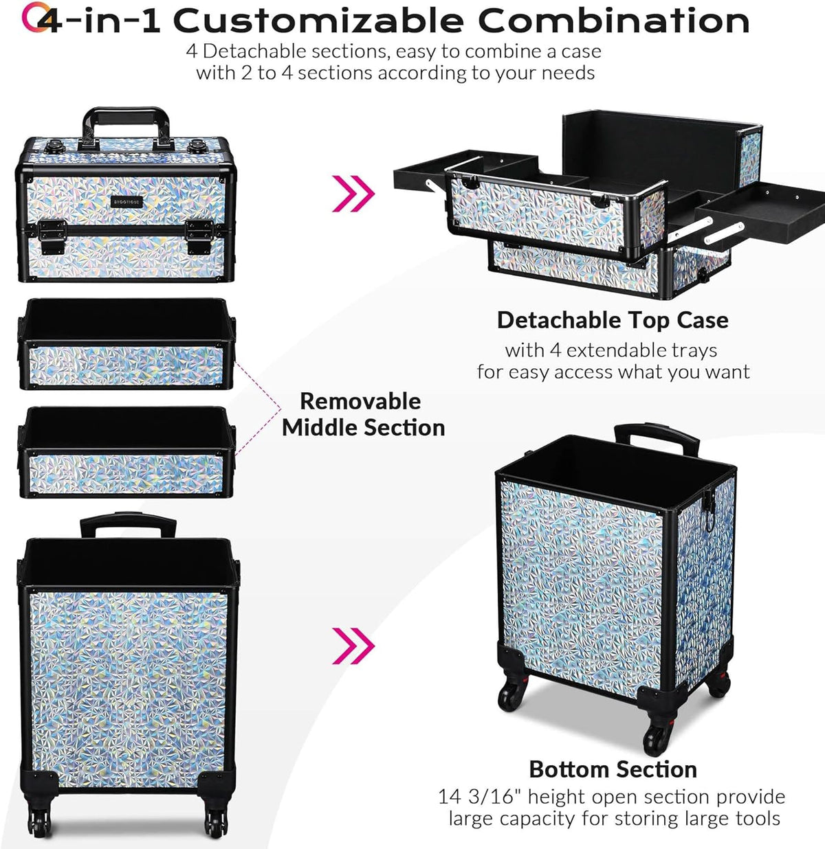 4in1 Cosmetology Case on Wheels w/Cosmetic Storage Makeup Artist | Aluminum Rolling Makeup Suitcase 360° Detachable Wheel Lockable Makeup Case Organizer w/ Mirror Nail Tech AD Graphite