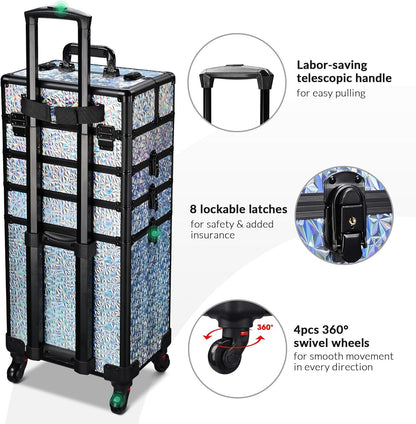 4in1 Cosmetology Case on Wheels w/Cosmetic Storage Makeup Artist | Aluminum Rolling Makeup Suitcase 360° Detachable Wheel Lockable Makeup Case Organizer w/ Mirror Nail Tech AD Graphite