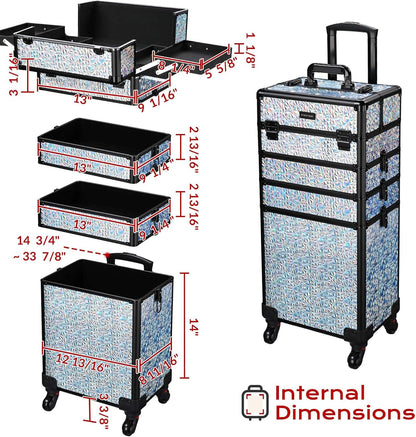 4in1 Cosmetology Case on Wheels w/Cosmetic Storage Makeup Artist | Aluminum Rolling Makeup Suitcase 360° Detachable Wheel Lockable Makeup Case Organizer w/ Mirror Nail Tech AD Graphite