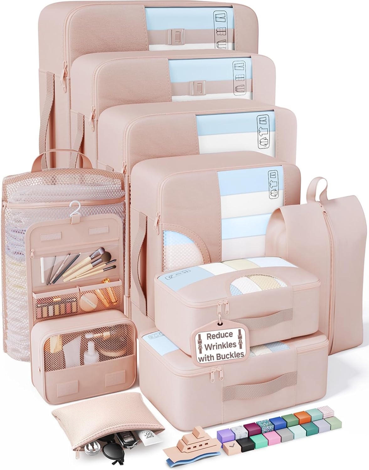 10 Set Packing Cubes for Travel Essentials, Suitcase Organizer Bags in 4 Sizes, Carry-On Luggage Accessories with Laundry Bag, Airplane Must Have with 99-Count Mesh Holes