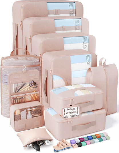10 Set Packing Cubes for Travel Essentials, Suitcase Organizer Bags in 4 Sizes, Carry-On Luggage Accessories with Laundry Bag, Airplane Must Have with 99-Count Mesh Holes