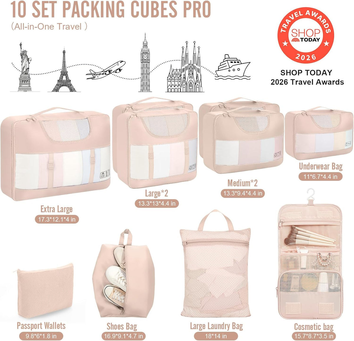 10 Set Packing Cubes for Travel Essentials, Suitcase Organizer Bags in 4 Sizes, Carry-On Luggage Accessories with Laundry Bag, Airplane Must Have with 99-Count Mesh Holes