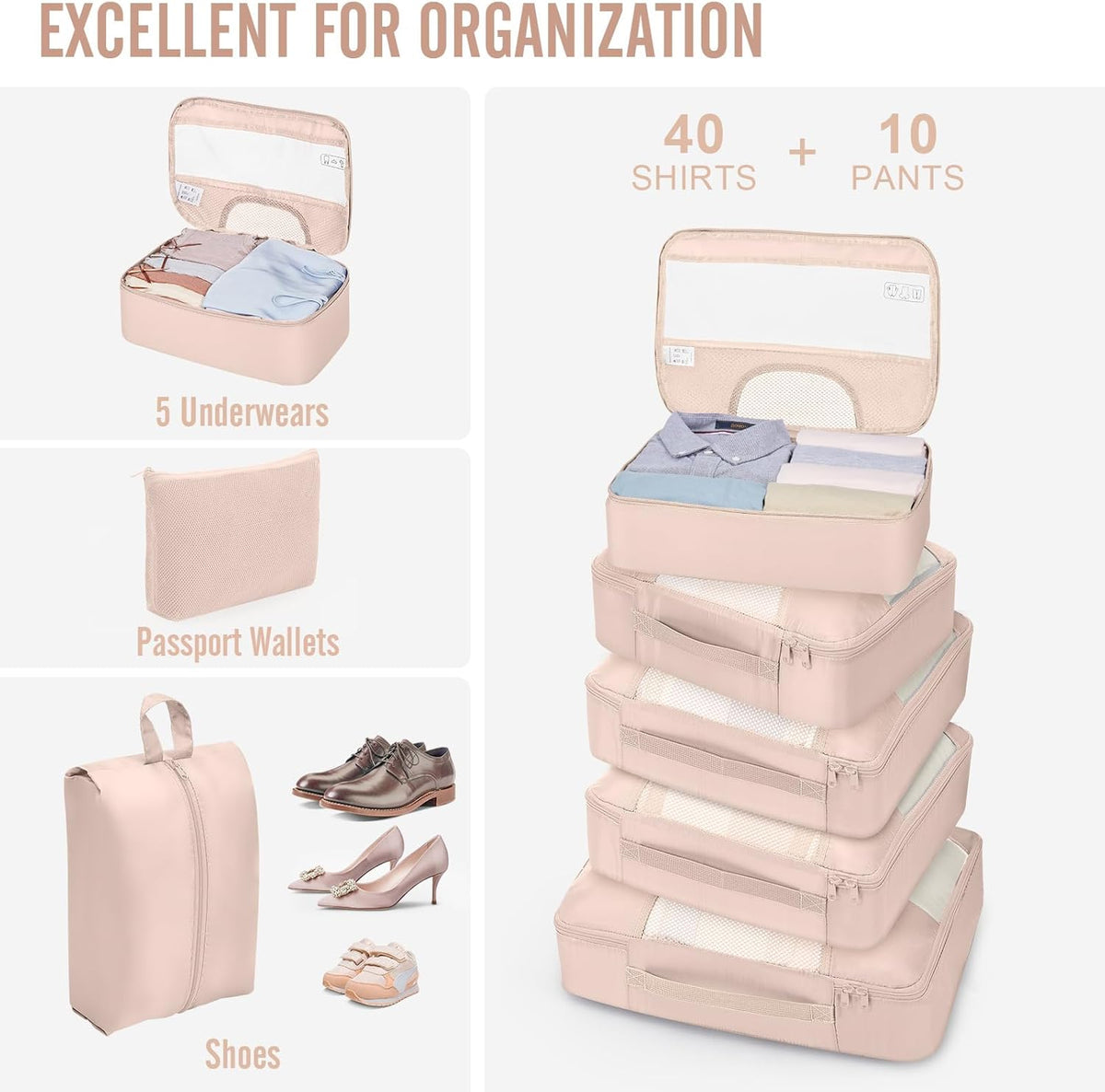 10 Set Packing Cubes for Travel Essentials, Suitcase Organizer Bags in 4 Sizes, Carry-On Luggage Accessories with Laundry Bag, Airplane Must Have with 99-Count Mesh Holes