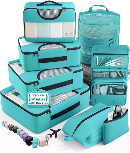 10 Set Packing Cubes for Travel Essentials, Suitcase Organizer Bags in 4 Sizes, Carry-On Luggage Accessories with Laundry Bag, Airplane Must Have with 99-Count Mesh Holes