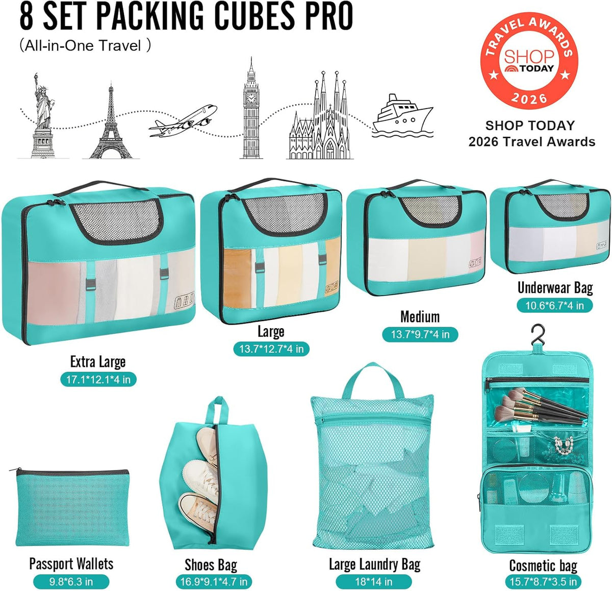 10 Set Packing Cubes for Travel Essentials, Suitcase Organizer Bags in 4 Sizes, Carry-On Luggage Accessories with Laundry Bag, Airplane Must Have with 99-Count Mesh Holes