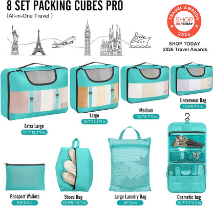 10 Set Packing Cubes for Travel Essentials, Suitcase Organizer Bags in 4 Sizes, Carry-On Luggage Accessories with Laundry Bag, Airplane Must Have with 99-Count Mesh Holes