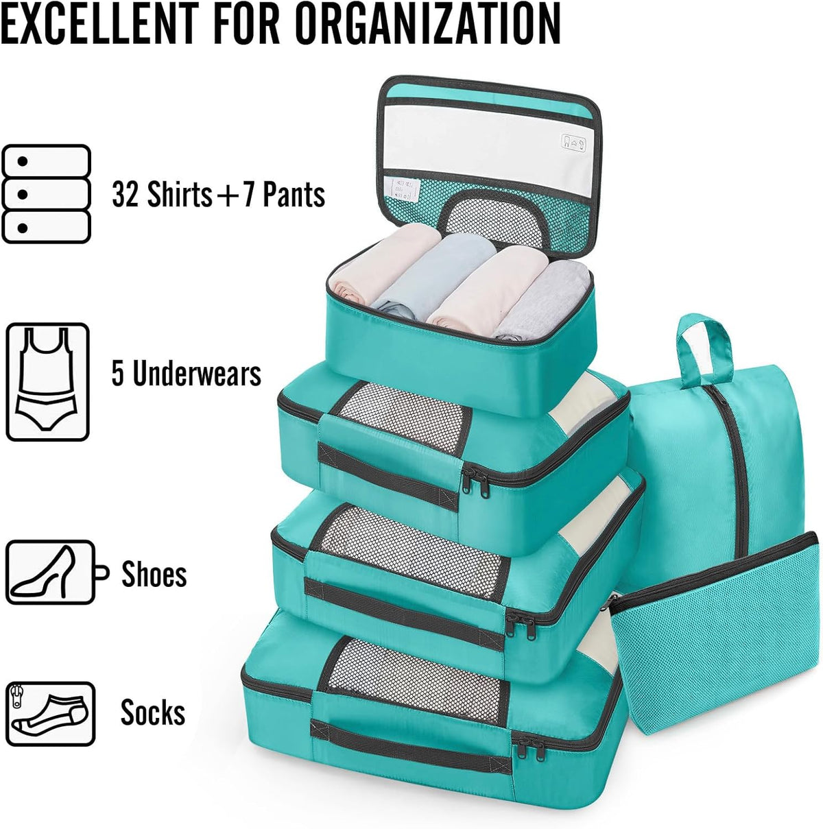 10 Set Packing Cubes for Travel Essentials, Suitcase Organizer Bags in 4 Sizes, Carry-On Luggage Accessories with Laundry Bag, Airplane Must Have with 99-Count Mesh Holes