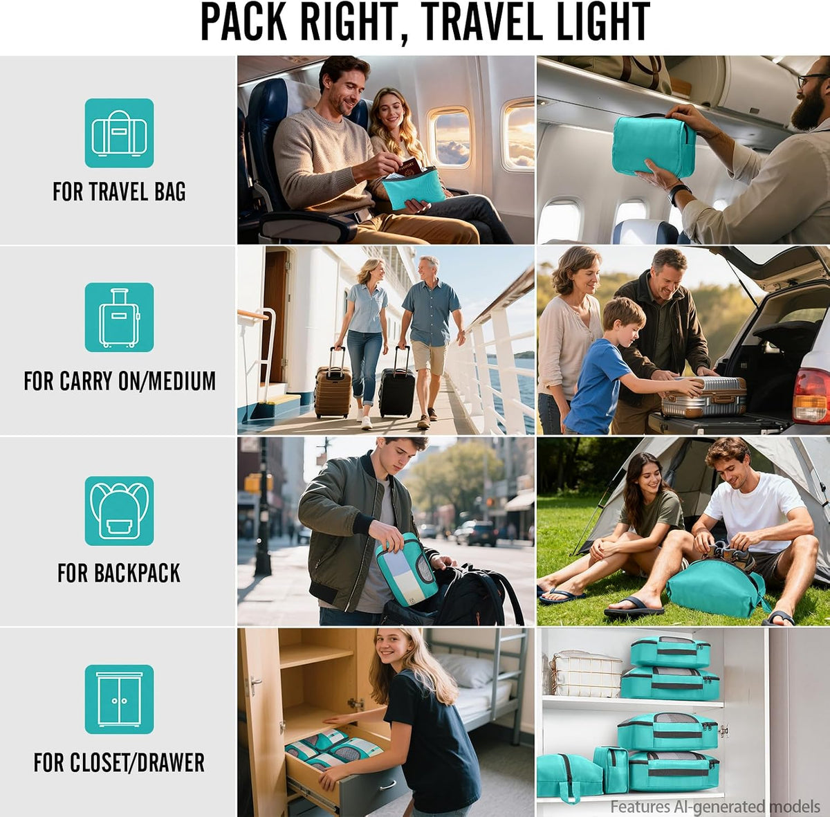 10 Set Packing Cubes for Travel Essentials, Suitcase Organizer Bags in 4 Sizes, Carry-On Luggage Accessories with Laundry Bag, Airplane Must Have with 99-Count Mesh Holes