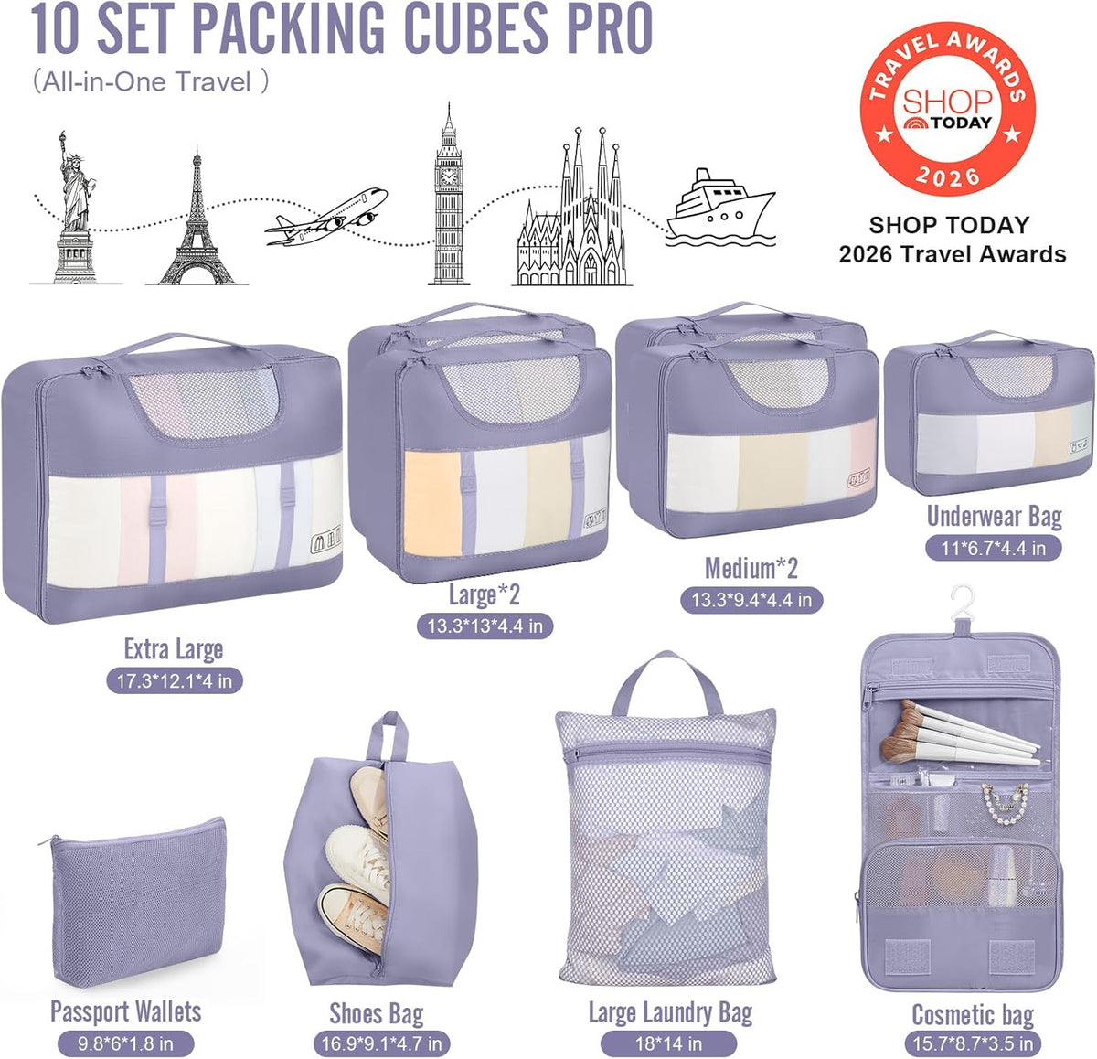 10 Set Packing Cubes for Travel Essentials, Suitcase Organizer Bags in 4 Sizes, Carry-On Luggage Accessories with Laundry Bag, Airplane Must Have with 99-Count Mesh Holes