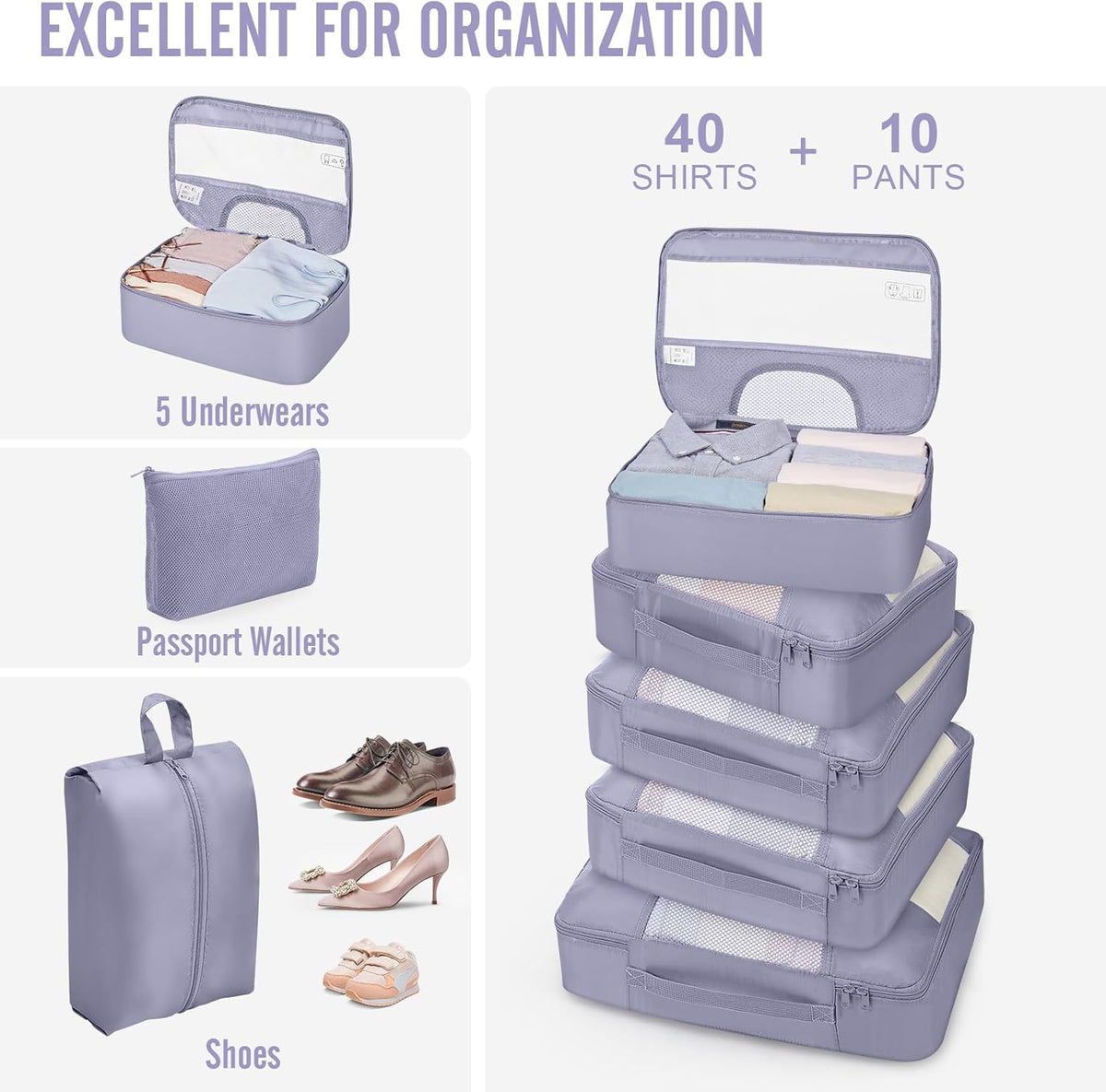 10 Set Packing Cubes for Travel Essentials, Suitcase Organizer Bags in 4 Sizes, Carry-On Luggage Accessories with Laundry Bag, Airplane Must Have with 99-Count Mesh Holes