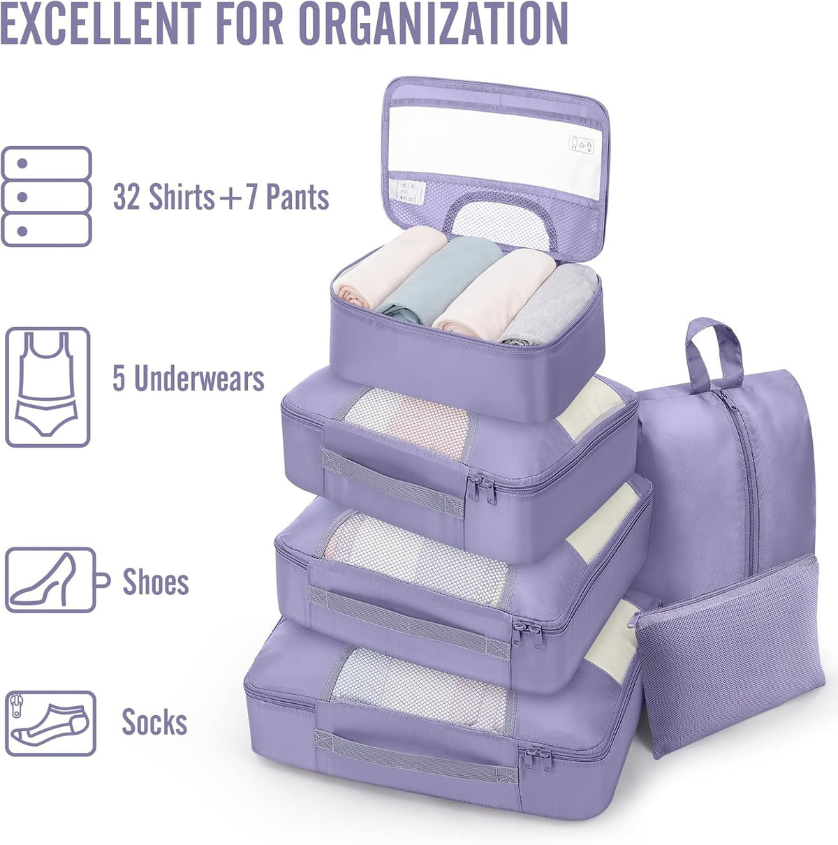 10 Set Packing Cubes for Travel Essentials, Suitcase Organizer Bags in 4 Sizes, Carry-On Luggage Accessories with Laundry Bag, Airplane Must Have with 99-Count Mesh Holes