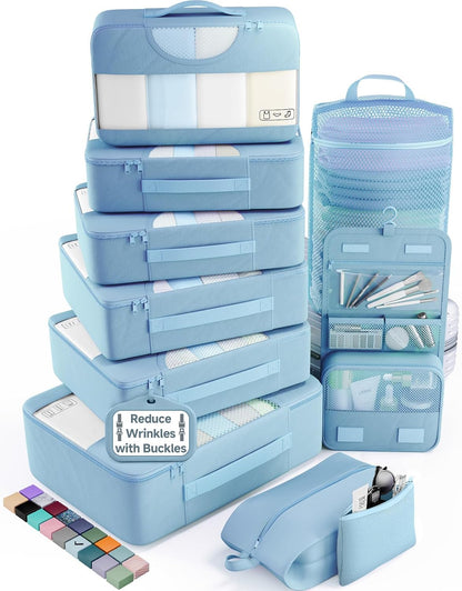 10 Set Packing Cubes for Travel Essentials, Suitcase Organizer Bags in 4 Sizes, Carry-On Luggage Accessories with Laundry Bag, Airplane Must Have with 99-Count Mesh Holes