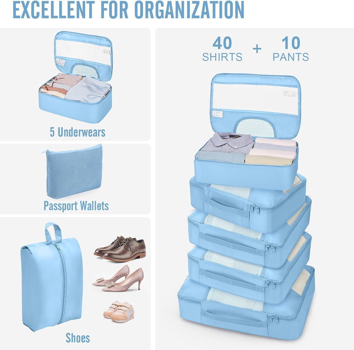 10 Set Packing Cubes for Travel Essentials, Suitcase Organizer Bags in 4 Sizes, Carry-On Luggage Accessories with Laundry Bag, Airplane Must Have with 99-Count Mesh Holes