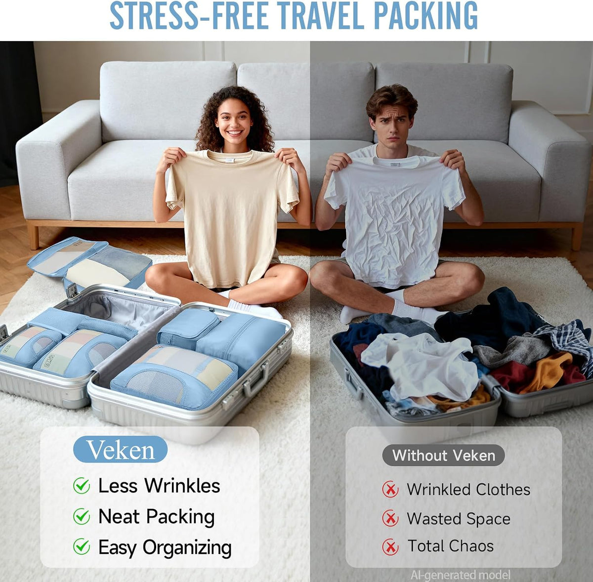 10 Set Packing Cubes for Travel Essentials, Suitcase Organizer Bags in 4 Sizes, Carry-On Luggage Accessories with Laundry Bag, Airplane Must Have with 99-Count Mesh Holes