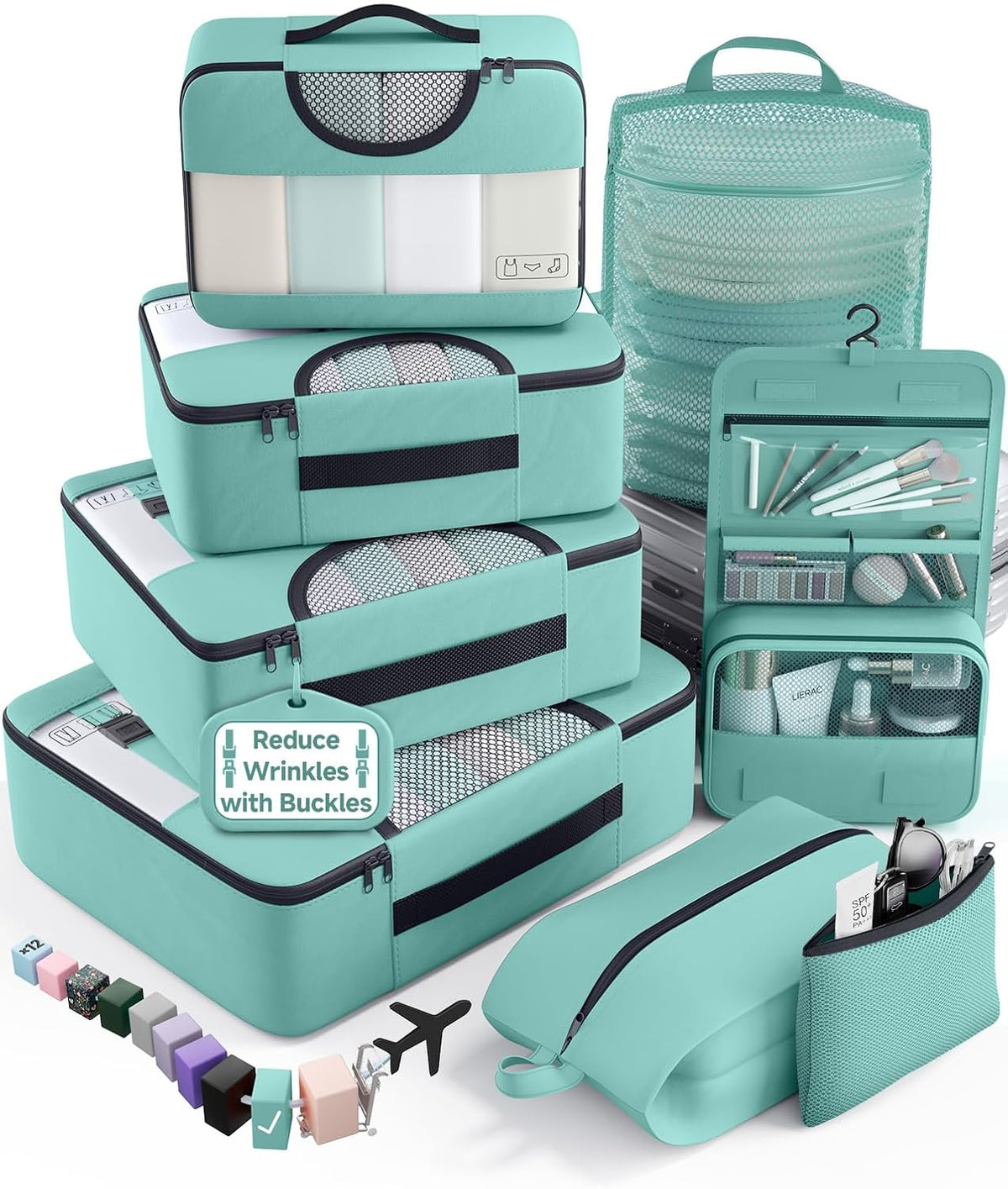 10 Set Packing Cubes for Travel Essentials, Suitcase Organizer Bags in 4 Sizes, Carry-On Luggage Accessories with Laundry Bag, Airplane Must Have with 99-Count Mesh Holes