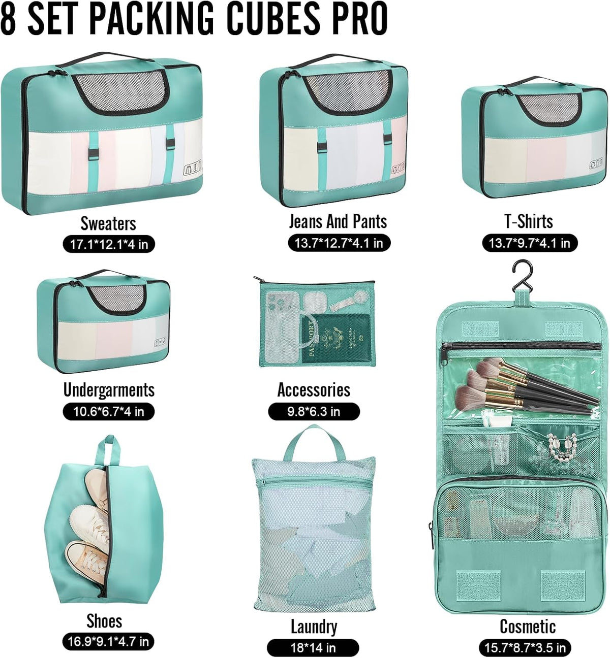 10 Set Packing Cubes for Travel Essentials, Suitcase Organizer Bags in 4 Sizes, Carry-On Luggage Accessories with Laundry Bag, Airplane Must Have with 99-Count Mesh Holes