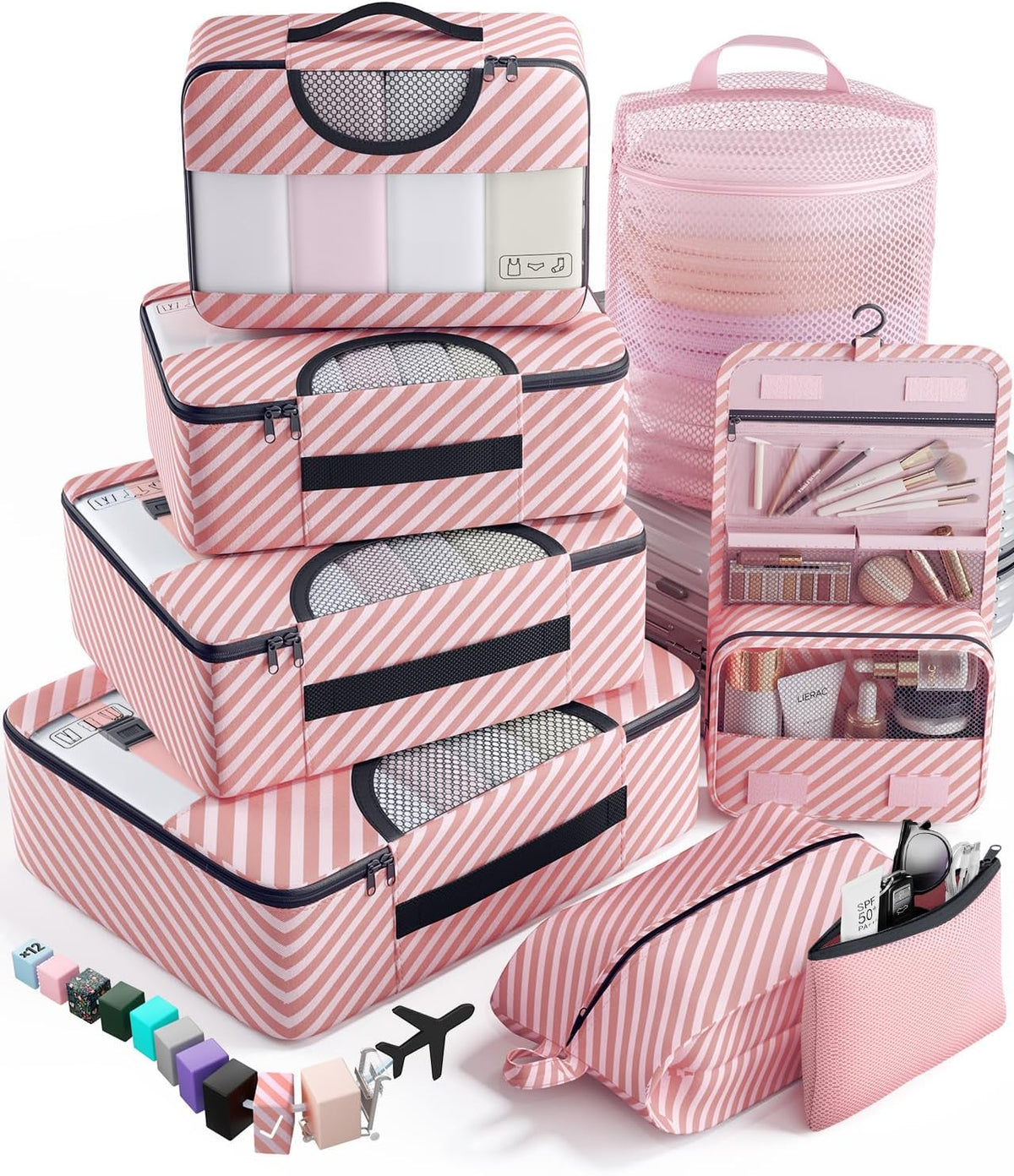 10 Set Packing Cubes for Travel Essentials, Suitcase Organizer Bags in 4 Sizes, Carry-On Luggage Accessories with Laundry Bag, Airplane Must Have with 99-Count Mesh Holes