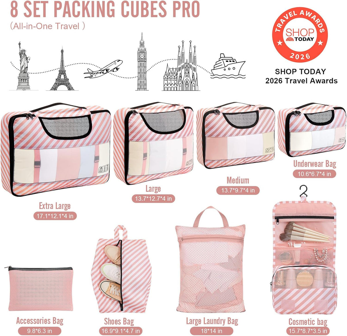 10 Set Packing Cubes for Travel Essentials, Suitcase Organizer Bags in 4 Sizes, Carry-On Luggage Accessories with Laundry Bag, Airplane Must Have with 99-Count Mesh Holes