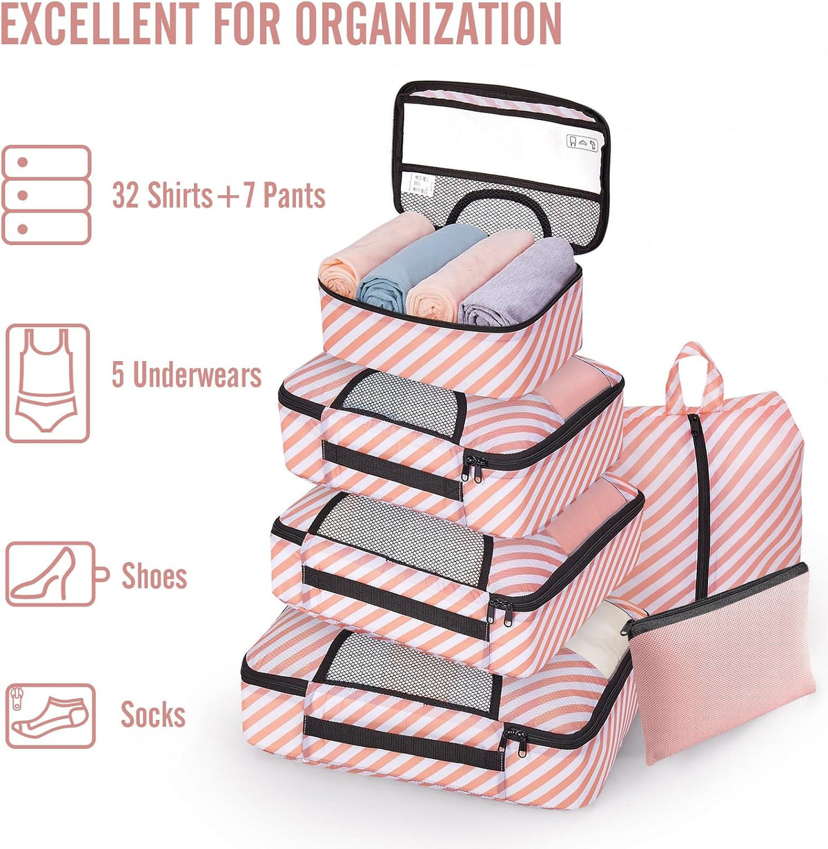 10 Set Packing Cubes for Travel Essentials, Suitcase Organizer Bags in 4 Sizes, Carry-On Luggage Accessories with Laundry Bag, Airplane Must Have with 99-Count Mesh Holes