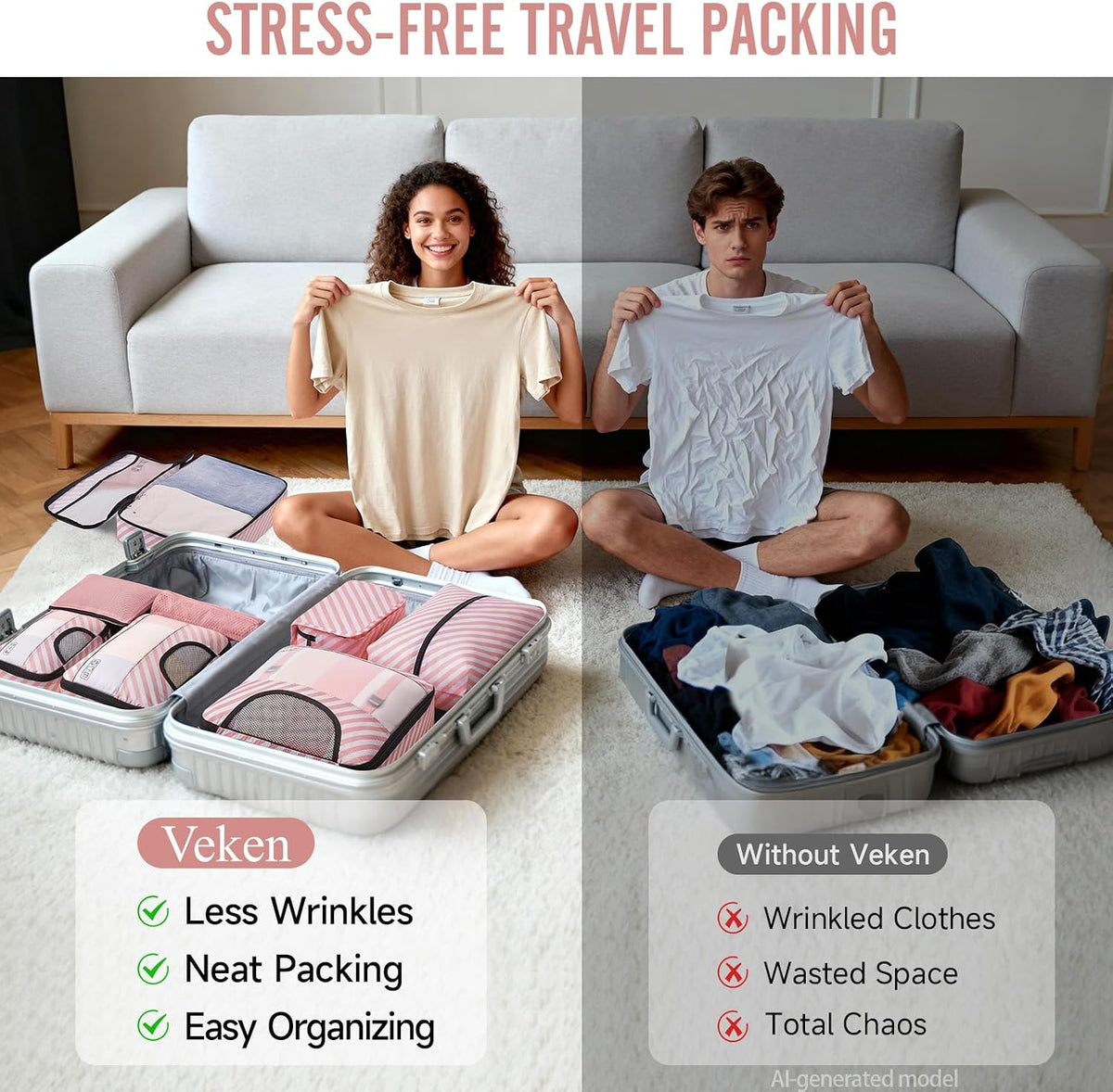 10 Set Packing Cubes for Travel Essentials, Suitcase Organizer Bags in 4 Sizes, Carry-On Luggage Accessories with Laundry Bag, Airplane Must Have with 99-Count Mesh Holes