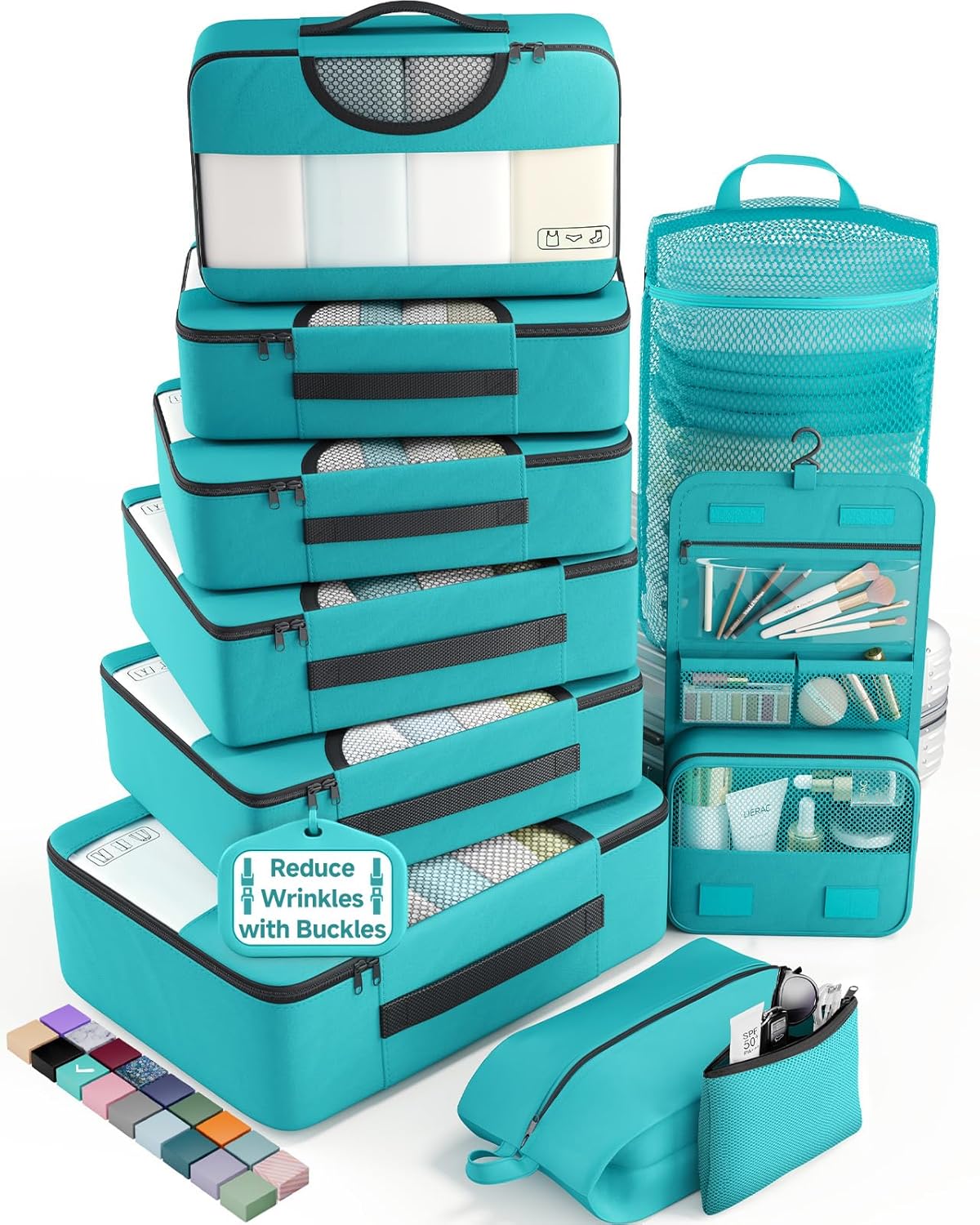 10 Set Packing Cubes for Travel Essentials, Suitcase Organizer Bags in 4 Sizes, Carry-On Luggage Accessories with Laundry Bag, Airplane Must Have with 99-Count Mesh Holes
