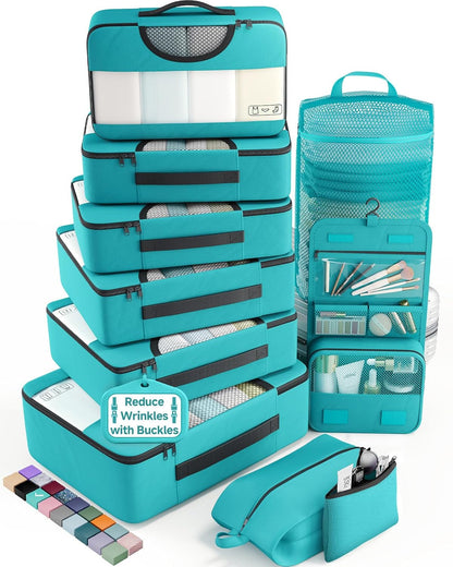 10 Set Packing Cubes for Travel Essentials, Suitcase Organizer Bags in 4 Sizes, Carry-On Luggage Accessories with Laundry Bag, Airplane Must Have with 99-Count Mesh Holes
