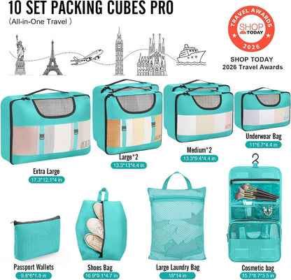 10 Set Packing Cubes for Travel Essentials, Suitcase Organizer Bags in 4 Sizes, Carry-On Luggage Accessories with Laundry Bag, Airplane Must Have with 99-Count Mesh Holes